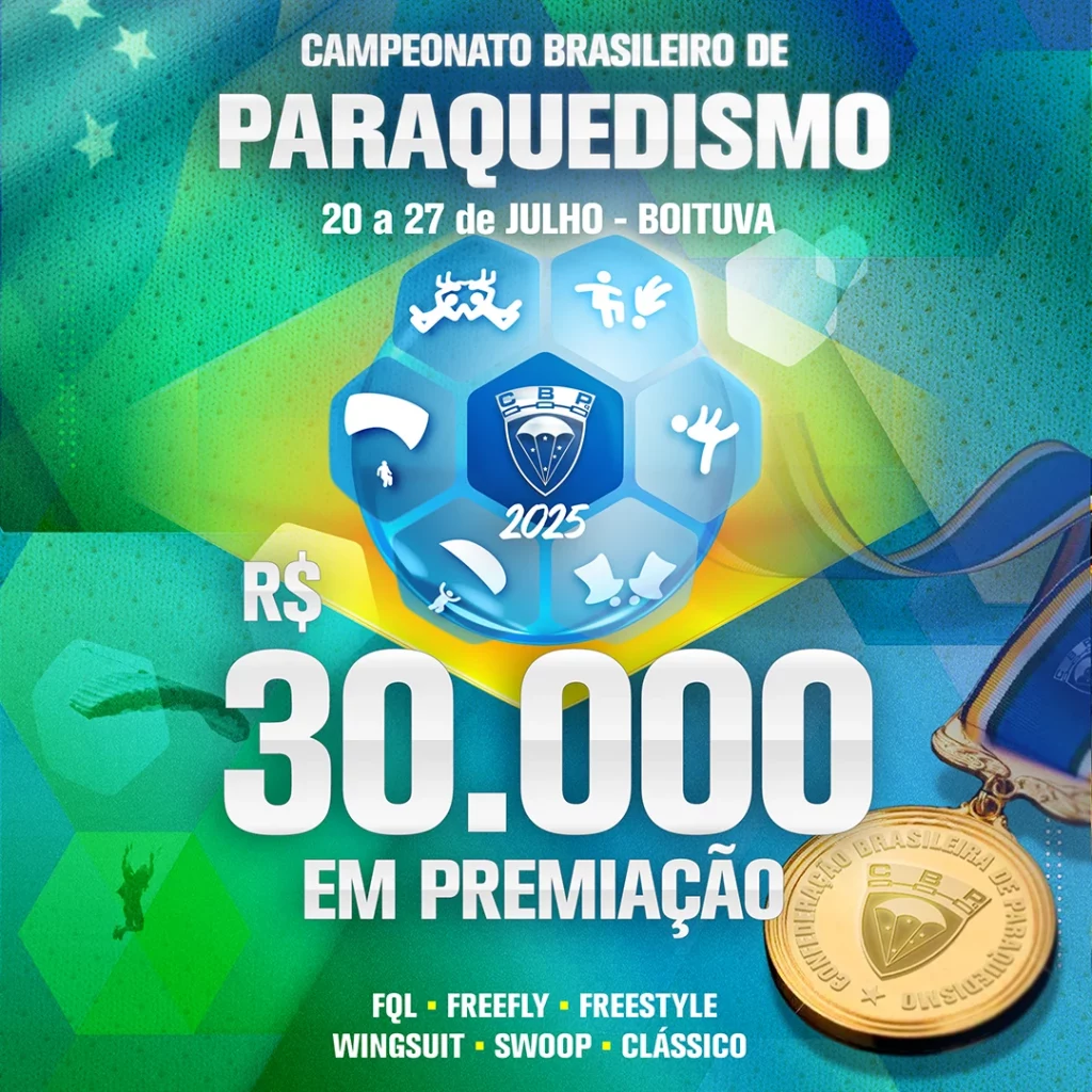 Campeonato Brasileiro de Paraquedismo de 20 a 27 de Julho em Boituva SP. R$30.000,00 em premiação